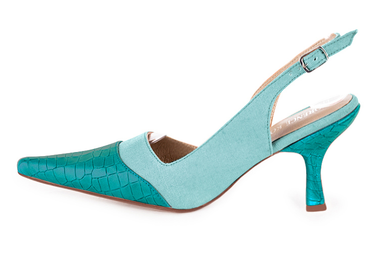 Turquoise blue women's slingback shoes. Pointed toe. High spool heels. Profile view - Florence KOOIJMAN